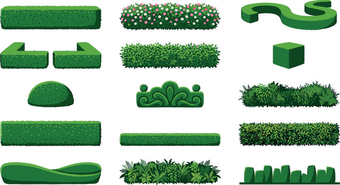 Garden hedge and bush vector set featuring green topiary shrub borders landscaping architecture shapes and formal foliage