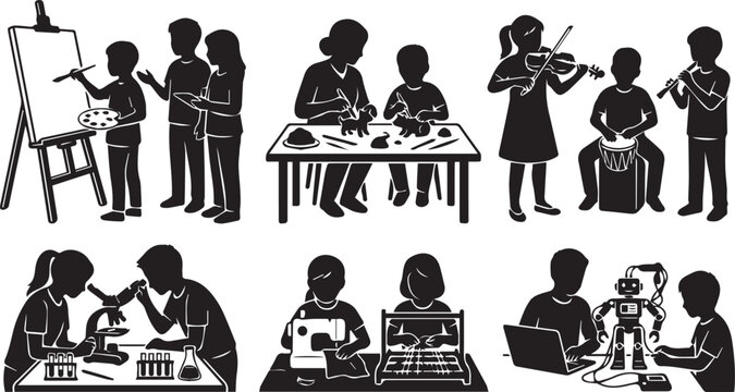 Set of educational children activities silhouettes including painting, music, science experiments, sewing, and robotics learning icons