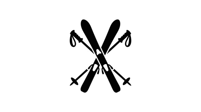 Crossed skis and ski poles icon in black and white vector graphic.
