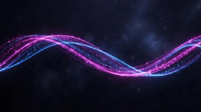 Abstract neon wave lines on dark background, glowing pink and blue light trail, seamless loop futuristic motion graphic with dark space particle stream, SEO friendly abstract visual design