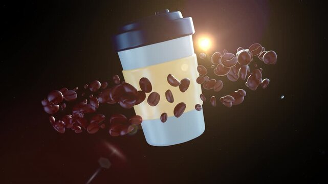 3D animation of coffee cup floating in open space with roasted coffee beans orbiting around like planets against dark starry background with bright sun flare.
