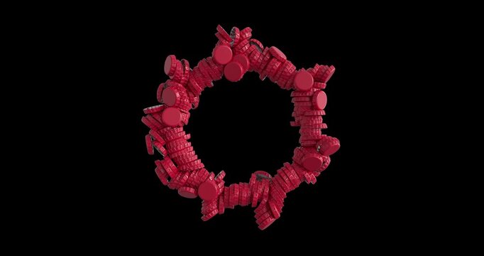 Red bottle caps form a bold circular ring animation with a dynamic beverage theme. Includes 4K resolution with alpha channel.