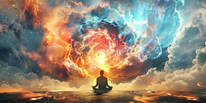 A solitary meditator faces a breathtaking cosmic vortex of blazing fire and radiant blue energy, symbolizing spiritual transformation, infinite consciousness, and inner awakening.