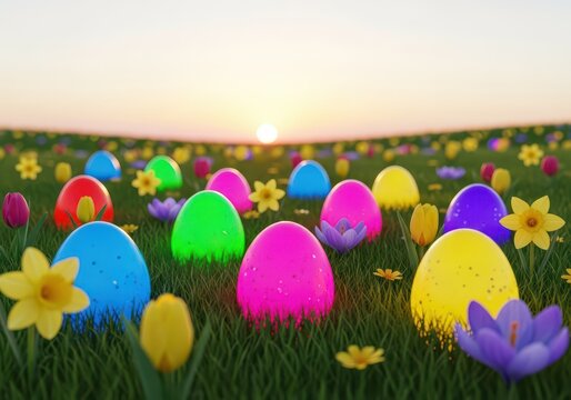 Vibrant colorful eggs are scattered across a lush green meadow filled with blooming spring flowers under the soft light of a rising sun, floral, blue, landscape
