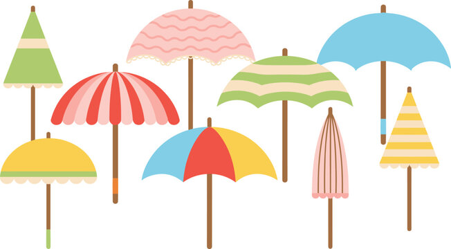 Colorful umbrella icon set featuring cute flat vector illustrations of beach parasols, striped sunshades, and vintage rain accessories for summer holiday graphic designs