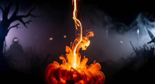 Flame burning in dark spooky night