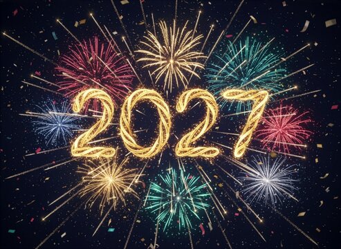 Sylwestrowe tło z fajerwerkami na nocnym niebie i napisem 2027