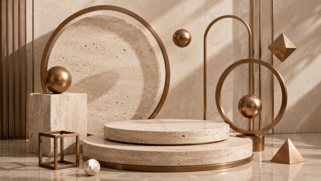Geometric display platform with spheres and arches rendered in a neutral toned 3d scene stand podium shapes sphere circle arch cube pyramid