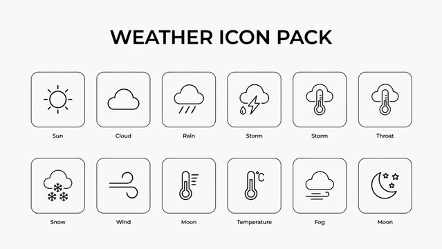 Weather icons pack with sun cloud rain storm snow wind moon temperature fog