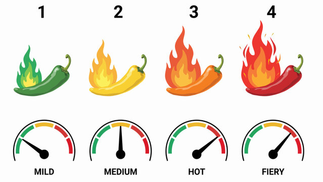 Pepper spiciness levels with gauges and flames illustration