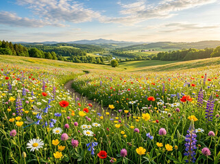 Fototapeta premium Meadow filled with diverse wildflowers under sunset golden hour light