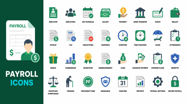 Payroll Icons Set Depicting Financial Administration And Compensation Elements.