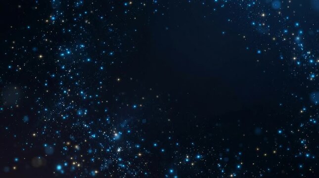 Dark blue star field space background with glowing particle ring, cosmic dust, abstract galaxy, blue nebula, dark celestial light, empty center copy space, sparkling glow, dreamy backdrop
