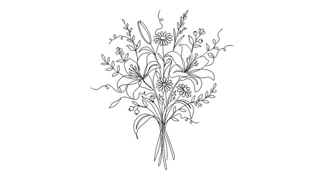 Intricate line art illustration of a bouquet of wildflowers and foliage with detailed fine lines and natural elements for