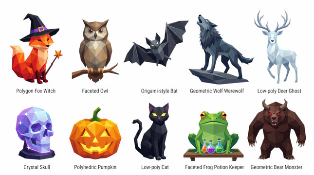Low Poly Geometric Halloween Creatures Vector Set, Faceted Polygon Spooky Animal Clipart
