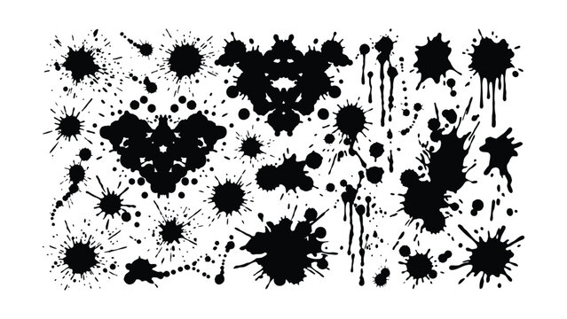 Black ink splatters and drops on white