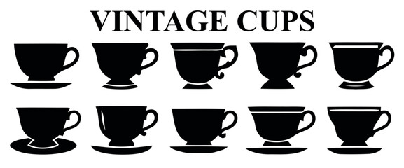 Vintage cups silhouette vector set, minimalist retro teacups and coffee cups with saucers isolated on white background © MDAMINUL