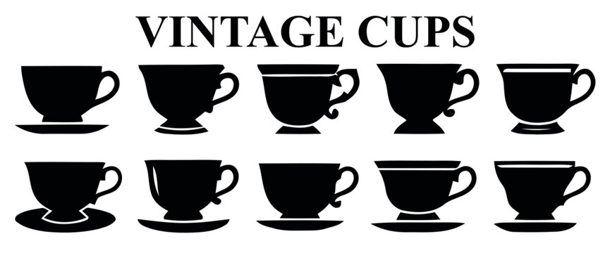 Vintage cups silhouette vector set, minimalist retro teacups and coffee cups with saucers isolated on white background