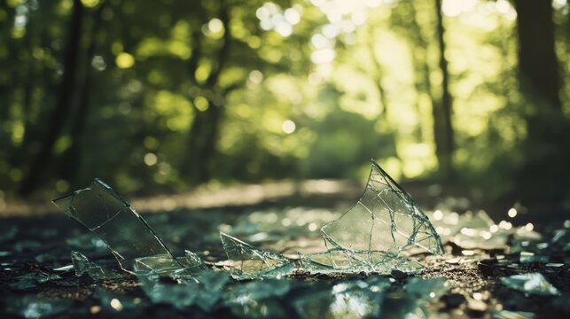 Shattered glass fragments lying on the ground inside a green forest with sun flare