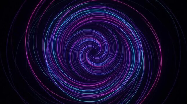 Abstract spiral vortex neon light trail purple blue glow dark background seamless motion swirl tunnel effect digital art, futuristic design with rotating loop and glowing black backdrop