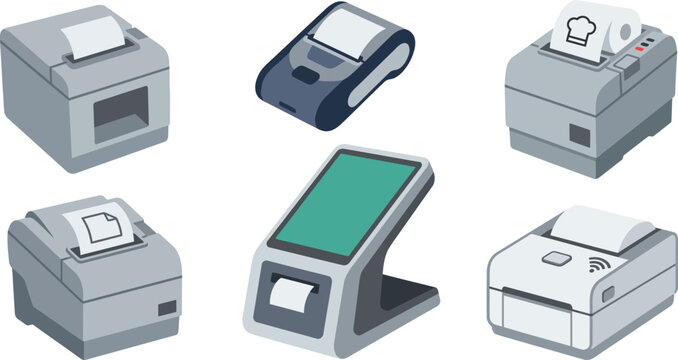 Collection of point of sale equipment vector icons including card readers barcode scanners and cash registers on a white background