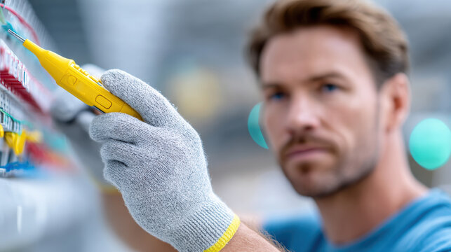 Electrician testing a circuit board in an industrial panel with a voltage tester for maintenance and repair work