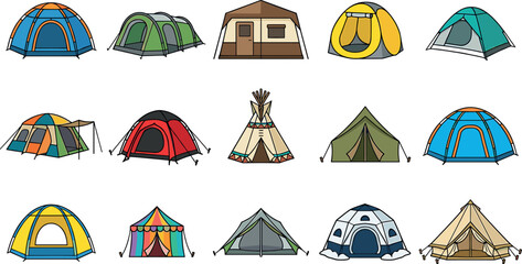 Vector illustration set of colorful camping tents including dome teepee cabin tunnel and festival styles isolated on white background. © ALOMGIR