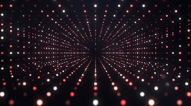 Abstract light tunnel glowing red and white dot points in dark background, seamless loop radial depth with digital motion backdrop and futuristic particle field abstract 3d render and symmetry
