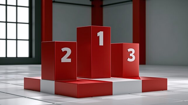 Red competition winner podium with numbered 1 2 3 for first second and third place standing on tiled floor in bright indoor space represents sports award ranking concept