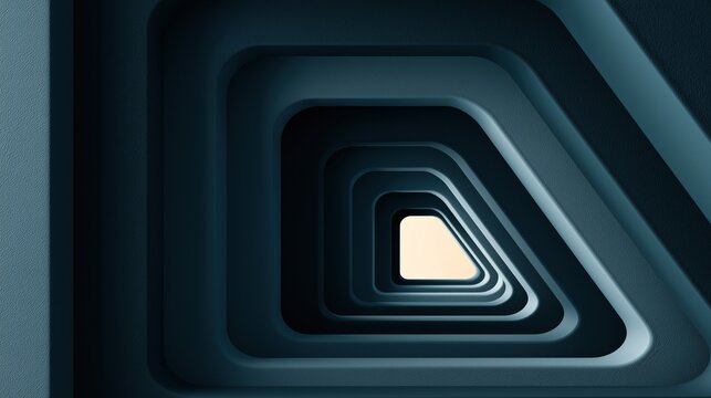 Nested repeating triangular tunnel with soft warm light glowing at the innermost center on dark blue textured background creates abstract surreal depth geometric design