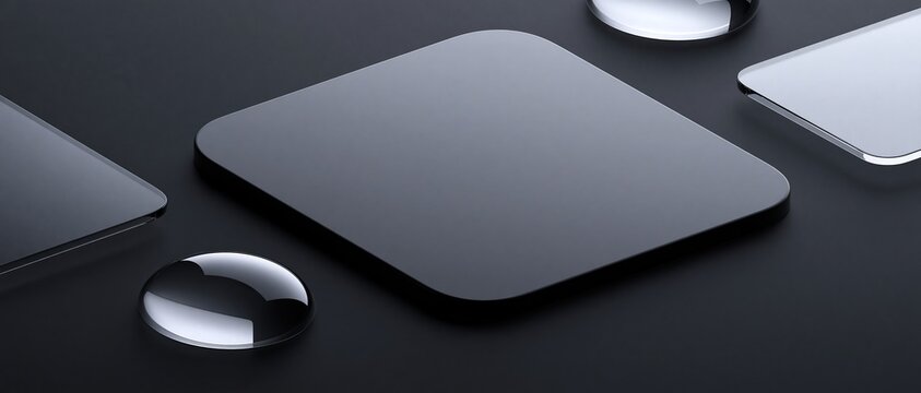 Empty large rounded square dark gray display podium surrounded by small transparent glass rounded elements creates a modern luxury space for product presentation on dark background