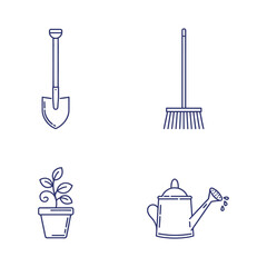 Backyard Gardening Maintenance Digging Shovel Leaf Rake and Watering Pot Icons © Atif