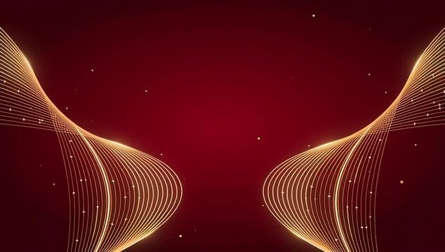 Abstract red wave background with gold line pattern, seamless loop, glowing curve motion backdrop, red gradient digital design, star field particle environment