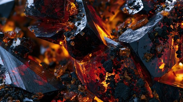Macro photograph of dark crystalline iodine structures showcasing sharp facets and a fiery internal glow