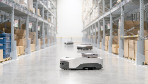 物流倉庫で荷物を運ぶ自律走行ロボットと自動化された保管棚