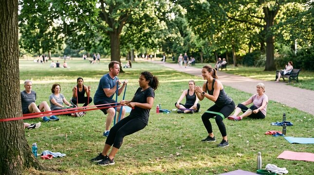 Diverse group of people engaged in outdoor fitness class with resistance bands in a park
