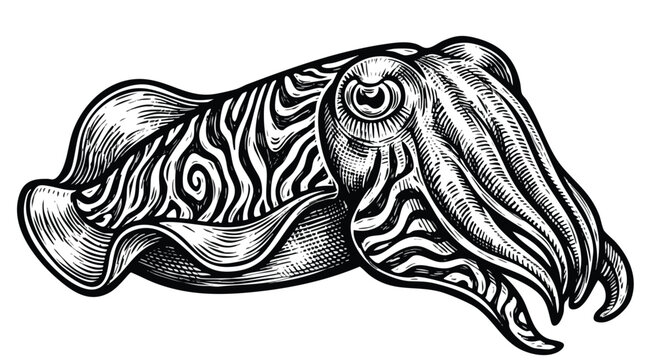 Intricate Black and White Illustration of a Cuttlefish