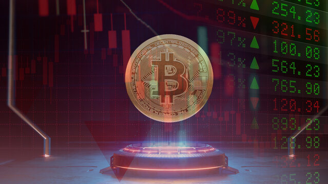 Financial data sheets, stock ticker displays, and a Bitcoin cryptocurrency coin with a downward trend arrow. The volatile cryptocurrency market, global digital asset decline indicators