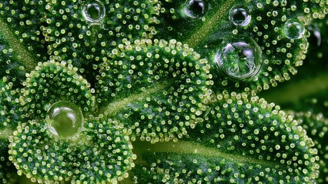 Macro photography of tiny plant trichome structures glistening with clear dew droplets on a vibrant green leaf