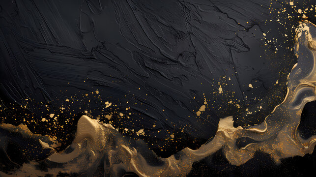 Premium abstract Japanese Makie background with luxurious sweeping flowing river patterns of polished textured gold leaf and blank matte black copy space for website header