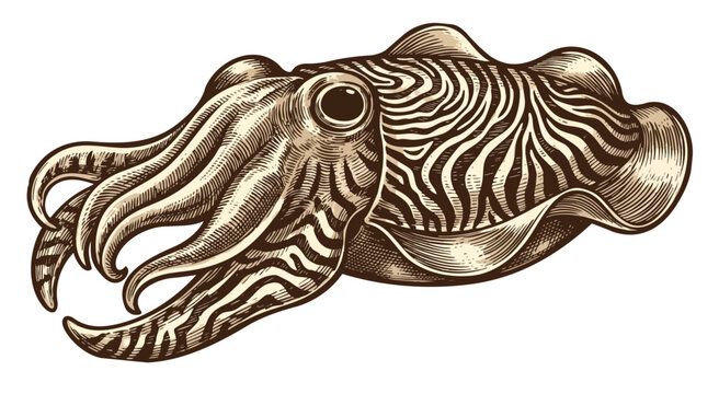 Detailed vintage illustration of a cuttlefish with intricate patterns