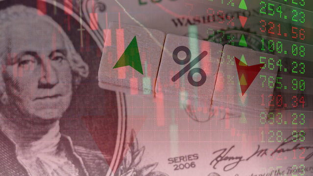 Financial data sheets, stock ticker displays, and the US dollar currency background with interest rate percentage blocks. The volatile interest rate market, global economic indicators