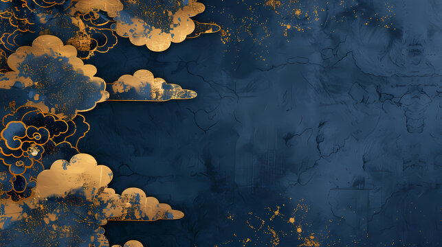 Premium abstract Japanese traditional background with luxurious 3D Genji clouds made of genuine textured gold leaf on dark indigo wall and elegant minimalist copy space