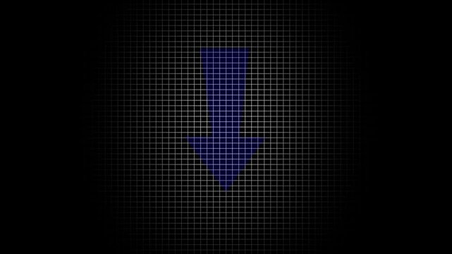 Blue down arrow icon on digital grid background downward pointing centered on a dark professional technical backdrop, indicating reduction or market dip graph chart decline finance business