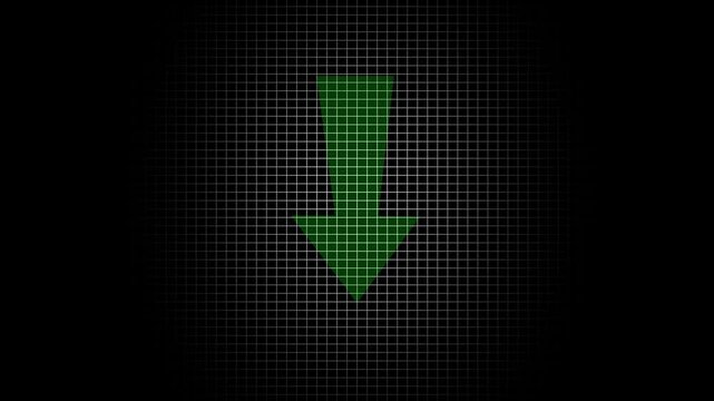 Bright green down arrow on dark digital grid pointing downwards set against a digital black grid, often used to indicate market trends graph chart decline finance business