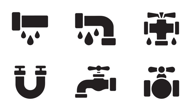 Water leaking pipe and faucet vector icons set for plumbing service and maintenance design.