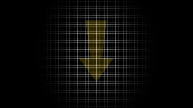 Yellow arrow pointing down icon on dark grid background a bright symbol indicating downward direction or download action on a professional technical backdrop download direction interface minimal