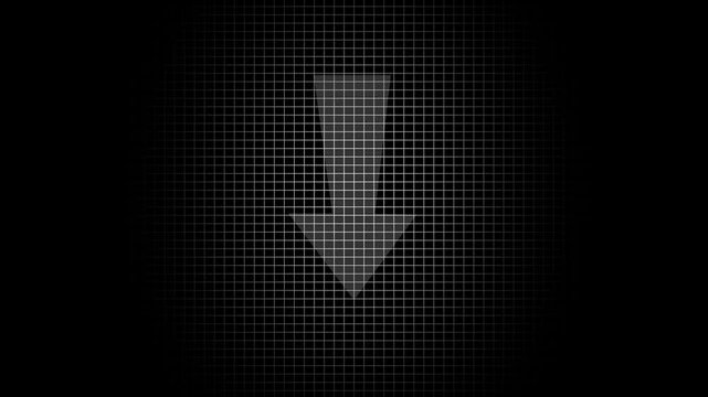 White arrow pointing down icon on dark grid background a simple symbol indicating download or downward direction displayed over a subtle technical pattern download direction interface minimal design