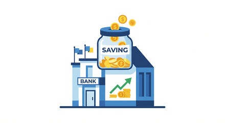 Obraz premium Bank building with a large saving jar full of gold coins and an upward trending graph representing financial growth and investment success