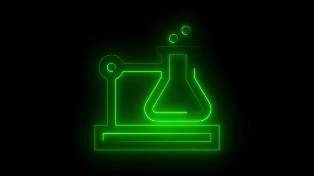 green neon laboratory flask icon with glowing bubbles on black background for science research. Abstract chemistry beaker icon with green neon lights for biotechnology and medical concepts.
